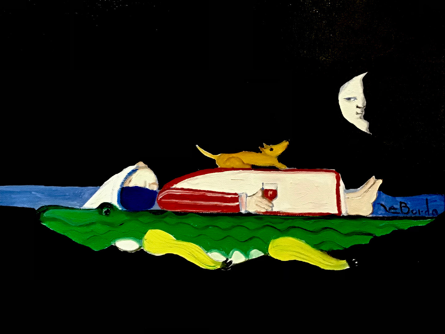 "Starry Night, A Glass of Wine with Lil Brownie and the Moon"