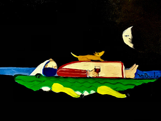 "Starry Night, A Glass of Wine with Lil Brownie and the Moon"